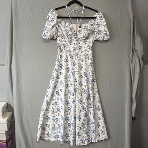 Lones Womens Peasant Floral Maxi Dress Size XS Puff Sleeve Flowy Babydoll White